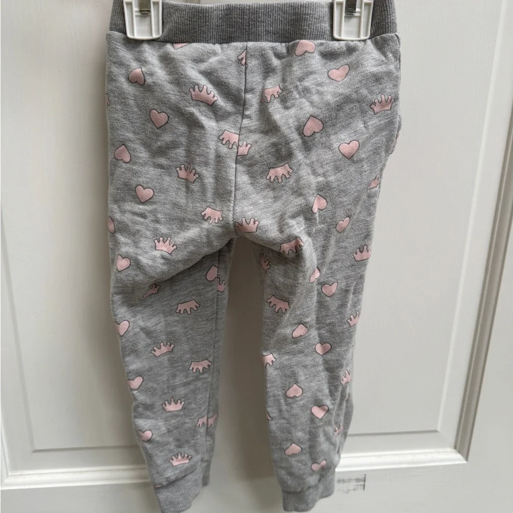 Disney 3T Girls Princess Gray and Pink Heart & Crown Joggers Sweatpants Ruffle